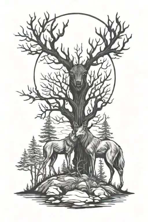 A Stag And Wolf Standing Together In A Moonlit Forest