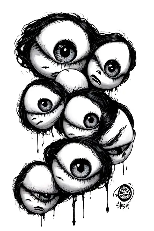 Six From Little Nightmares Surrounded By Sketched Eyes