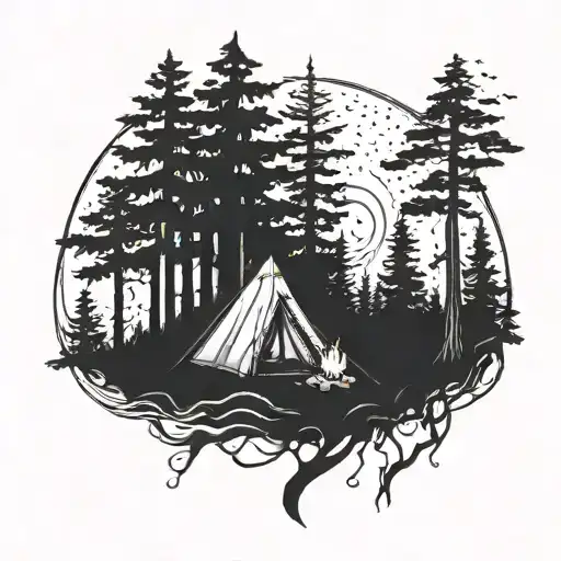 A Mystical Forest Scene With A Tent And Campfire Nestled Among The Trees