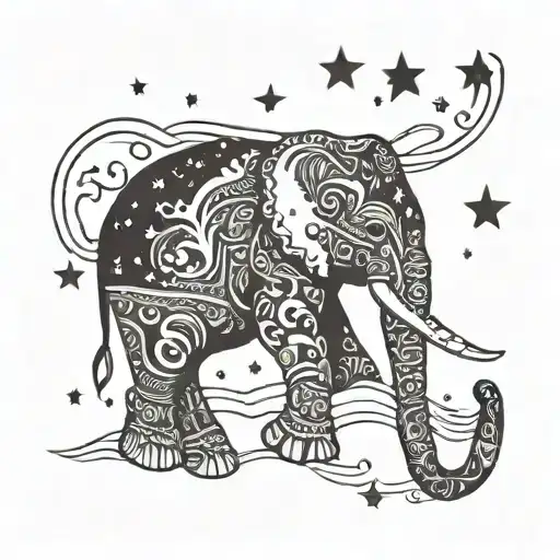 A Silhouette Of A Mother Elephant Playing A Guitar Under A Starry Sky