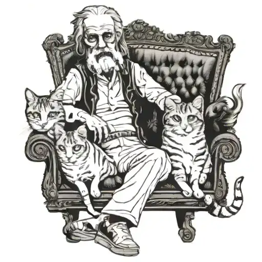An Old Man With Long Hair With His Three Female Feral Cats Sitting On The Godfather Chair