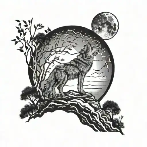 A Wolf Howling At The Full Moon Framed By A Mystical Tree