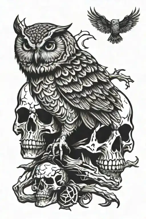 Owl Perched On Skull Skull And Crossbones