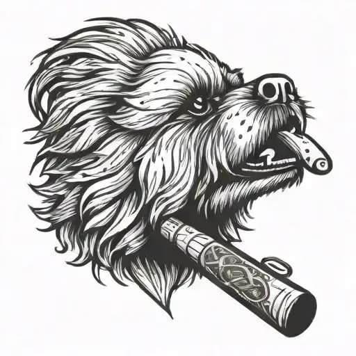 A Cigar Smoking Shitzu With A Punk Rock Hairstyle Holding A Gun In Its Mouth