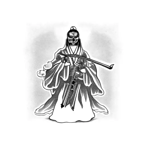 A Santa Muerte Holding A Katana With A Coffee Mug And Musical Notes In The Background