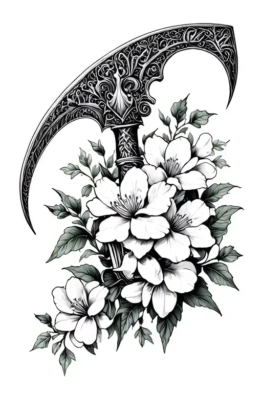 Gothic Century Scythe With Azalea And Magnolia Flowers Surrounding It