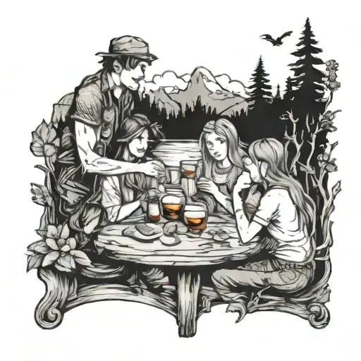 A Fairytale Scene Of Friends Drinking Whiskey By The Water