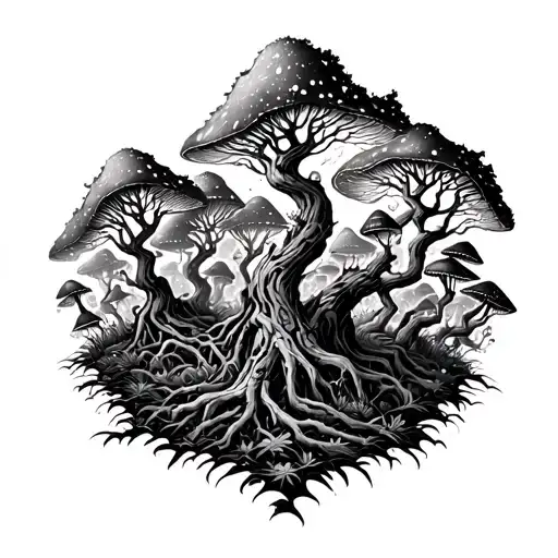 A Psychedelic Forest Scene With Twisted Trees And Glowing Mushrooms