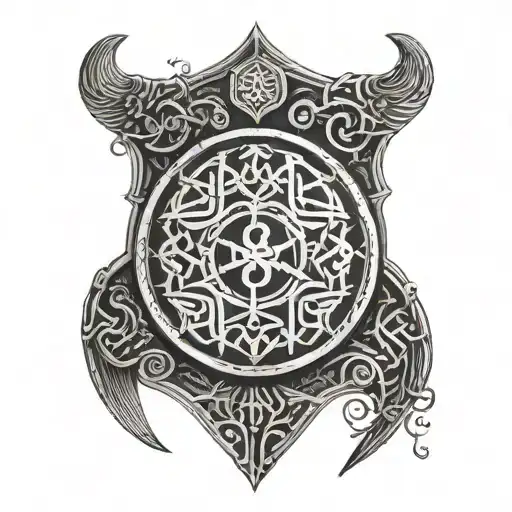 A Viking Shield With Intricate Nordic Runes Intertwined With Black Magic Symbols