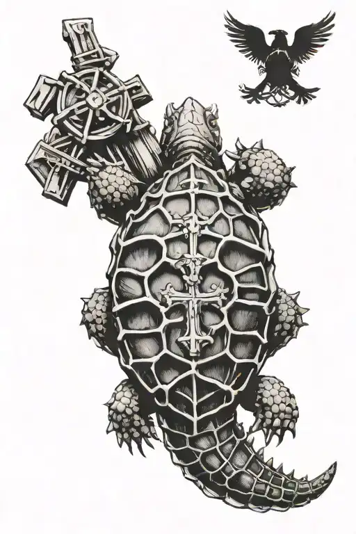 Alligator Snapping Turtle With A Cross On Its Back And The Shell Made If Barbed Wire