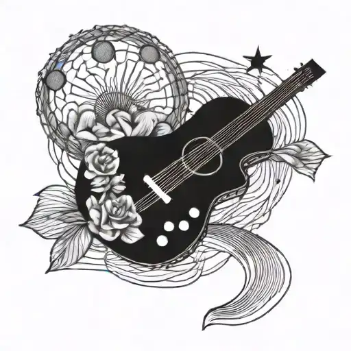 A Blackwork Tattoo Of An Artist's Palette With Guitar Strings As Paint Strokes