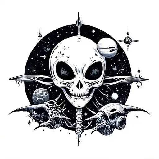 A Tattoo Design Combining Life And Death Symbolism With Aliens And Space Elements