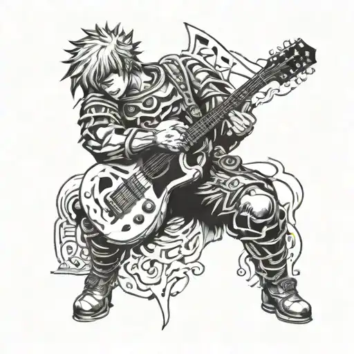 A Tattoo Of Guts From Berserk Playing A Guitar In A Blackwork Style