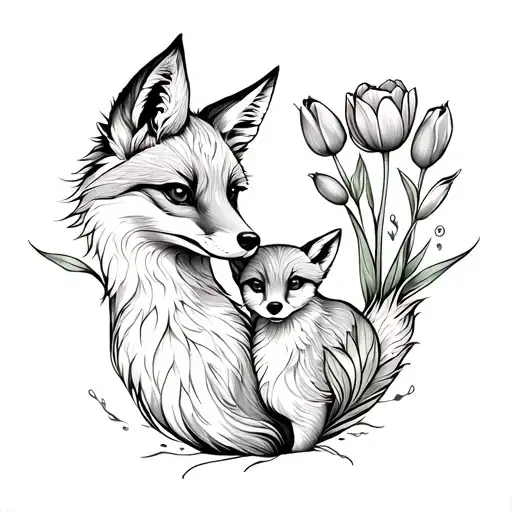 Mother Fox And Baby Curled Up Together With Tulips