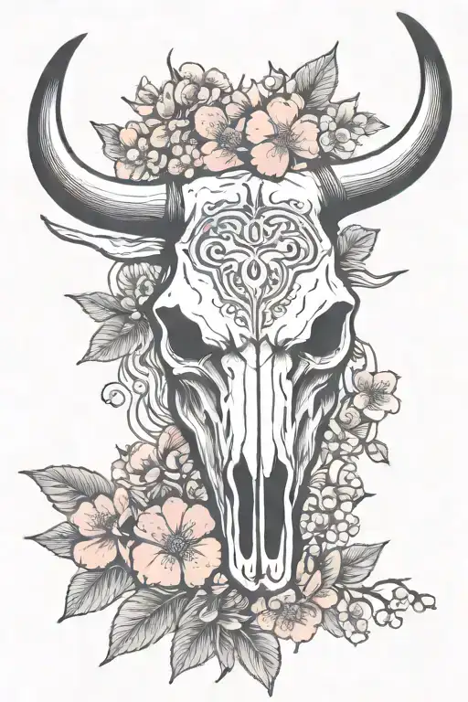 Longhorn Bull Skull With Cherry Blossom Flowers