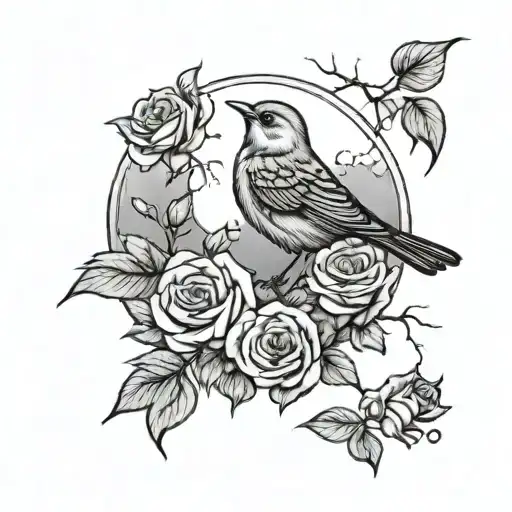 A Bird Singing Under A Full Moon Surrounded By Roses