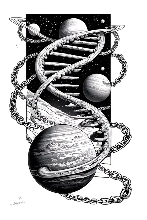 Dna Chain With Planets And Cosmic Scene Inside