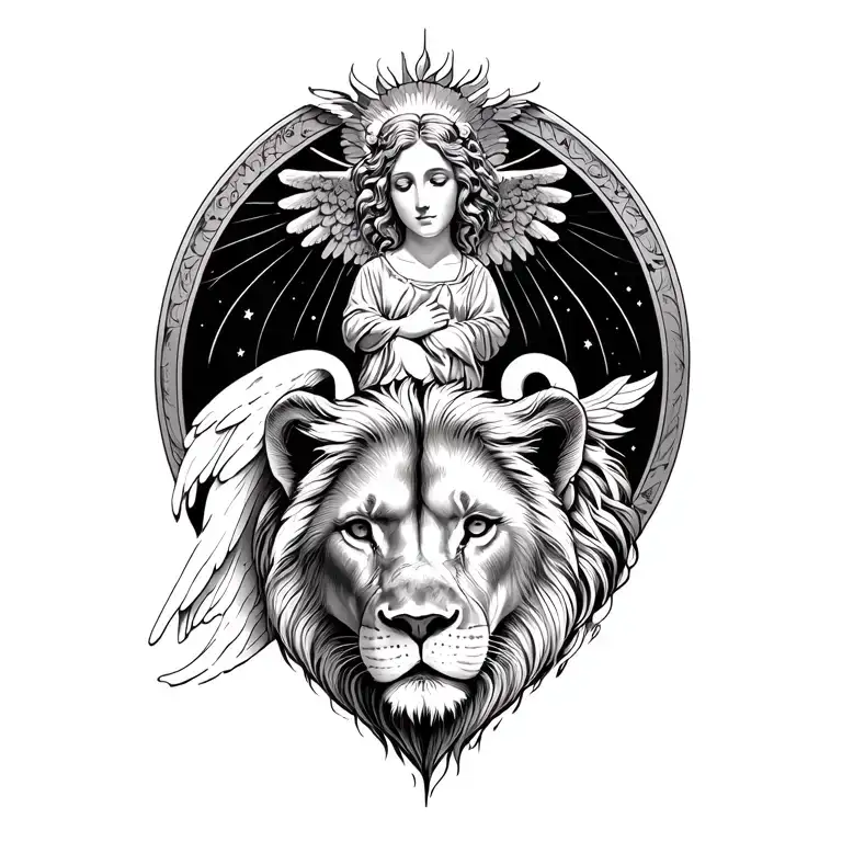 Memorial Tattoo Design Combining Elements Like Heaven And An Angel And A Lion