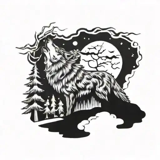 A Wolf Howling At The Moon In A Dense Forest Setting
