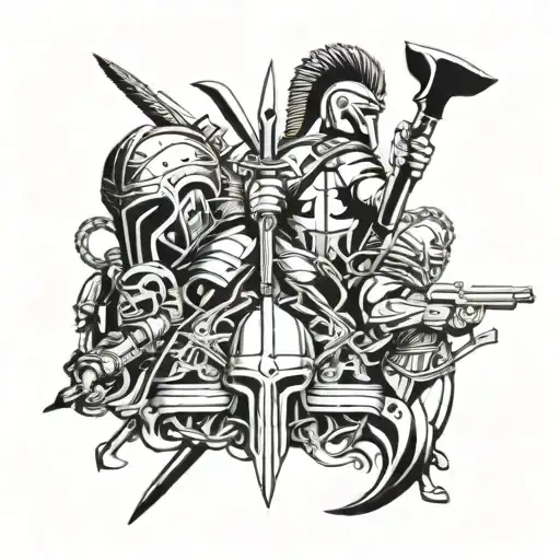 A Collage Of Different Weapons Used By Gladiators Intertwined With Human Figures