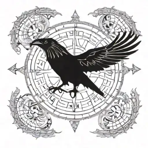A Mystical Scene Of Odin's Ravens Huginn And Muninn Flying Over A Vegvisir Compass