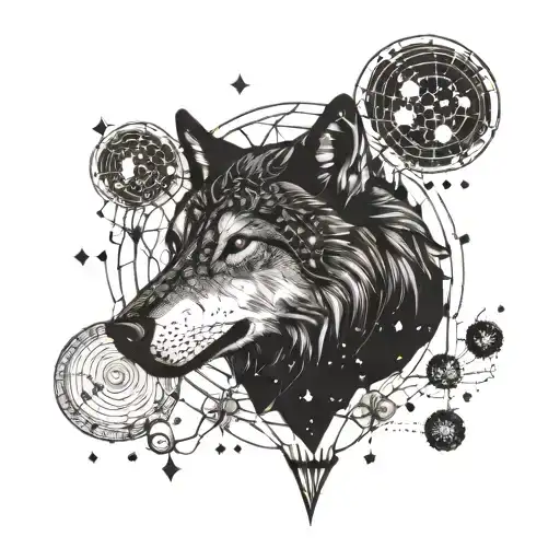 A Surreal Blackwork Design Featuring A Cosmic Wolf Surrounded By Galaxies And Constellations