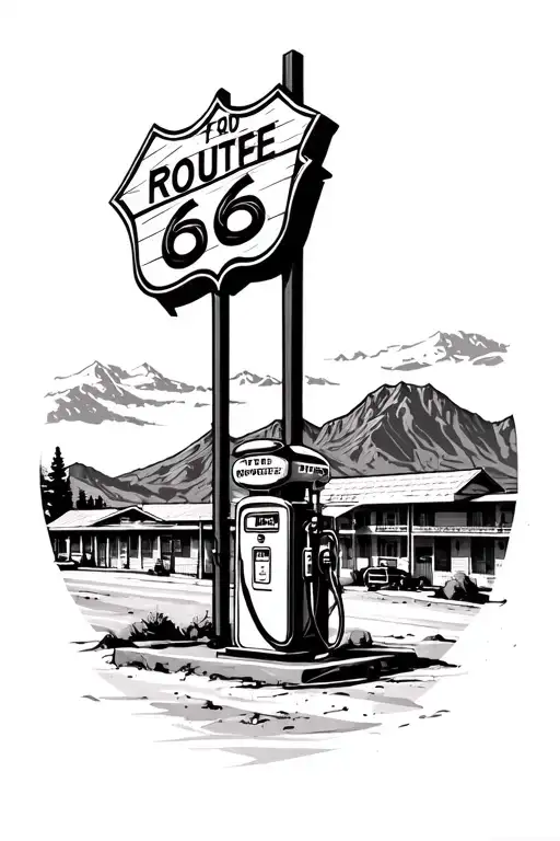 Route 66 Sign With Road Old Gas Pump Motel Mountain