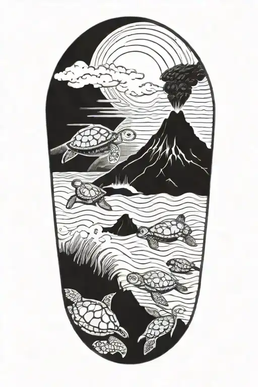 Volcano Flowing Lava Into Ocean With Sea Turtles Black And White