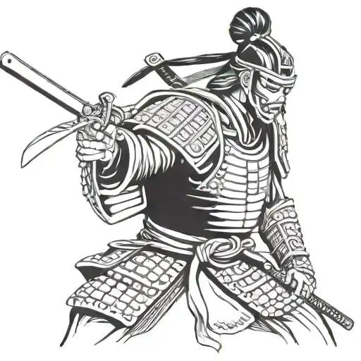 Samurai In Armor With Katana In Hanya Mask