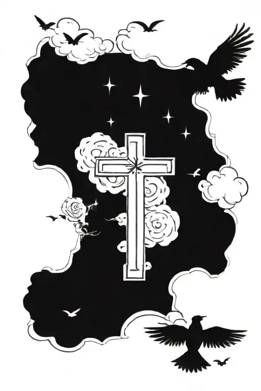 Cross Surrounded By Clouds With Birds Flying Away And The Date 03-21-2021 In Roman Numerals