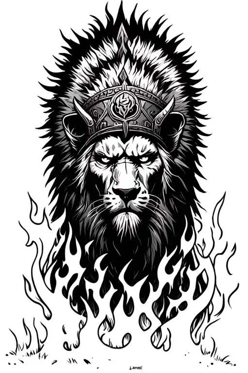 Viking Berserker With Demonical Eyes Wearing A Lions Skin Headdress In A Field Of Burning Hearher