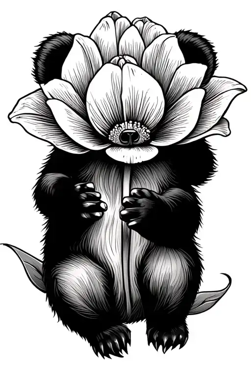 Bear Cub Playing On Its Back With A Large Tulip Flower