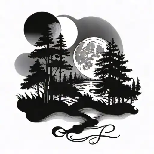 A Mystical Scene Of A River Winding Through A Pine Tree Forest With A Large Full Moon Overhead