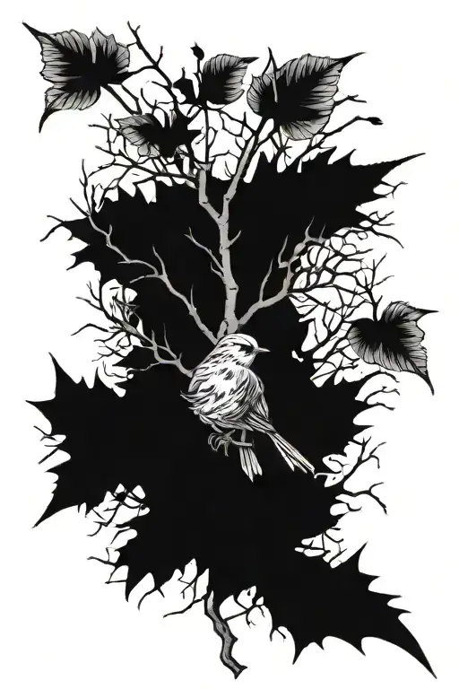 One Limb With A Couple Twigs And Some Withered And Fresh Leaves And One Tiny Bird