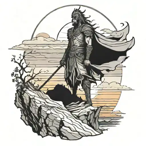 A Majestic Warrior Standing On A Cliff Overlooking A Sunset At The Beach