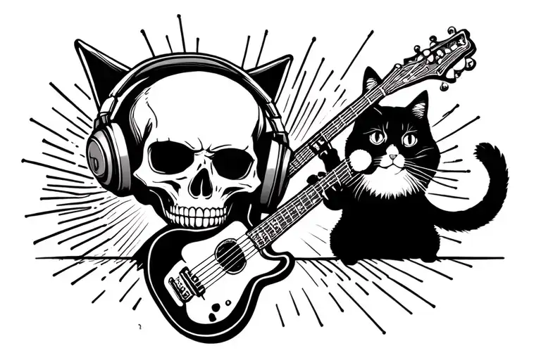 Skull Wearing Headphones And Cat Playing A Guitar