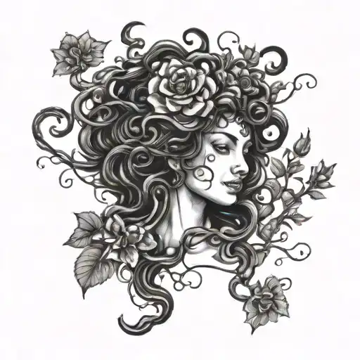 A Dark And Menacing Medusa's Head Intertwined With Intricate Flowers And Vines