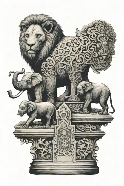 A Gravestone With An Elephant And A Lion Standing Behind It