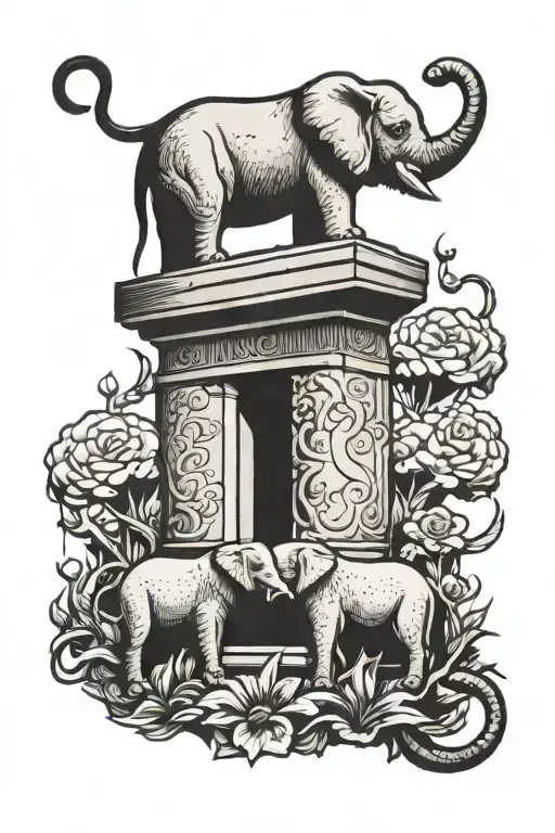 A Gravestone With An Elephant And A Lion Standing Behind It