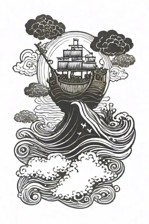 Noah's Ark Riding On Waves With A Silhouette Of Jesus In The Clouds