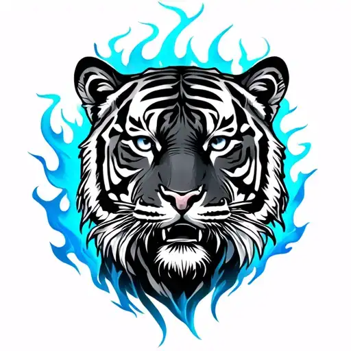 Tiger In Black And White With Dark Blue Flames In The Background