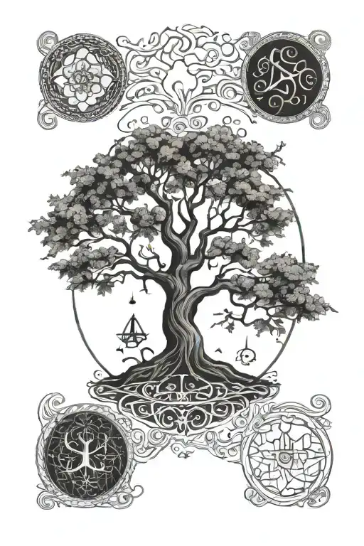 A Mystical Tree Of Life Intertwined With Wiccan Synbols Of Elements