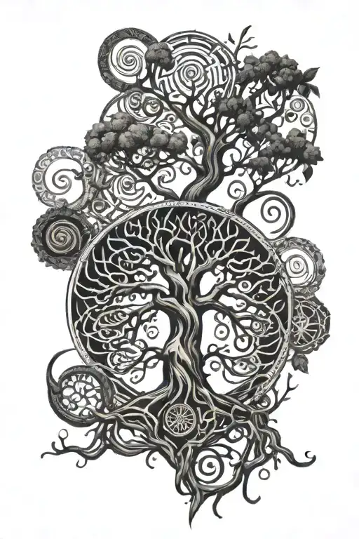 A Mystical Tree Of Life Intertwined With Wiccan Symbols Of Elements