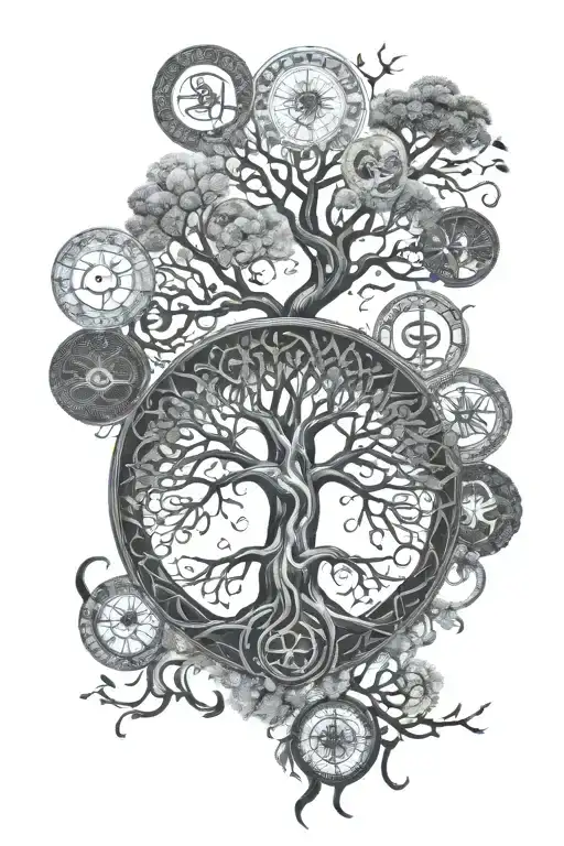 A Mystical Tree Of Life Intertwined With Wiccan Symbols Of Elements