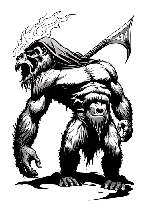 Howling Gorilla Reaper With Hood An Scythe With Flames Behind