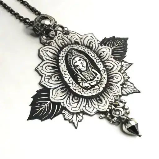 Incorporate A Diamond Bracelet With A Charm Of The Virgin Of Guadalupe Into A Blackwork Design