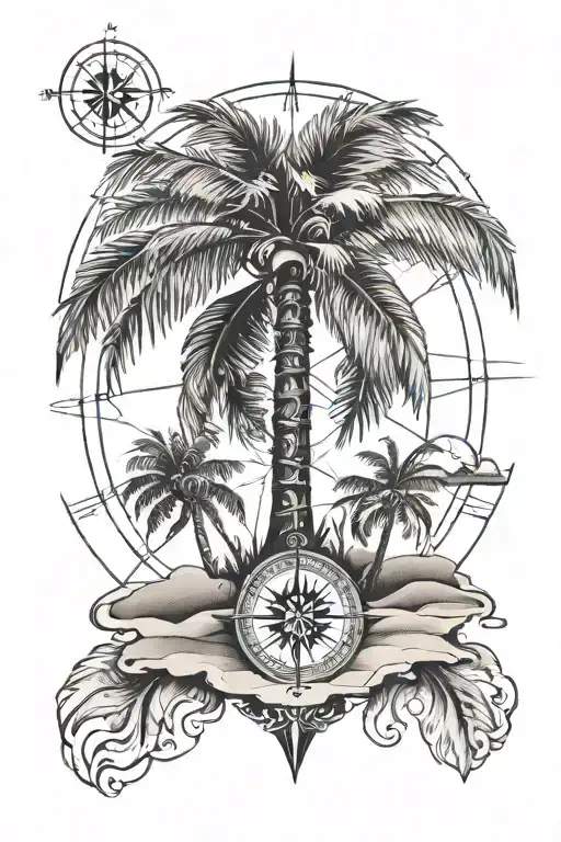 Palm Tree With A Compass At The Base Of Tree In Sand