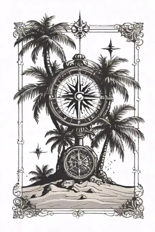 Palm Tree With A Compass At The Base Of Tree In Sand