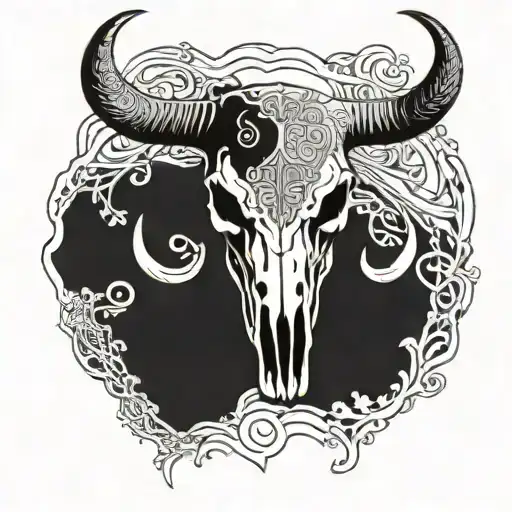 A Stylized Bull Skull Tattoo With Intricate Line Work