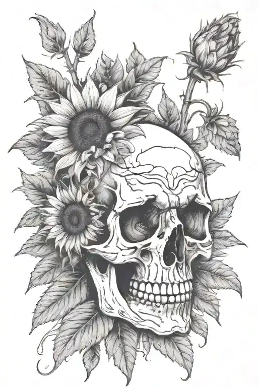 Skull And Sunflowers With Stems